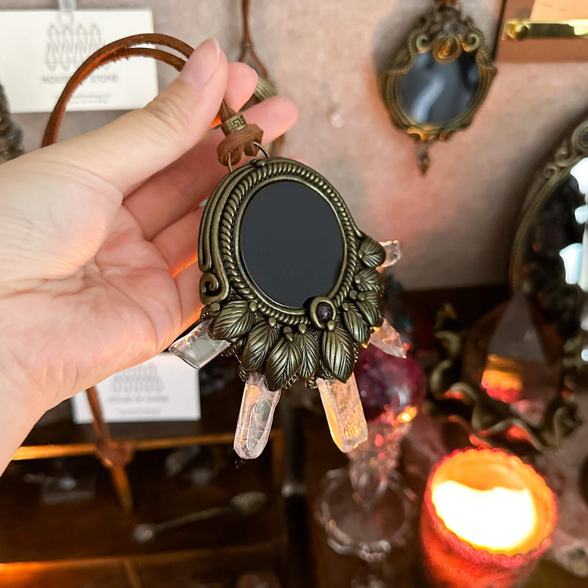 Handmade Natural Black Obsidian Pendant Necklace/Magic Obsidian Mirror Crystal Pendant/Scrying Mirror Talisman Protection Jewelry/Altar Tool