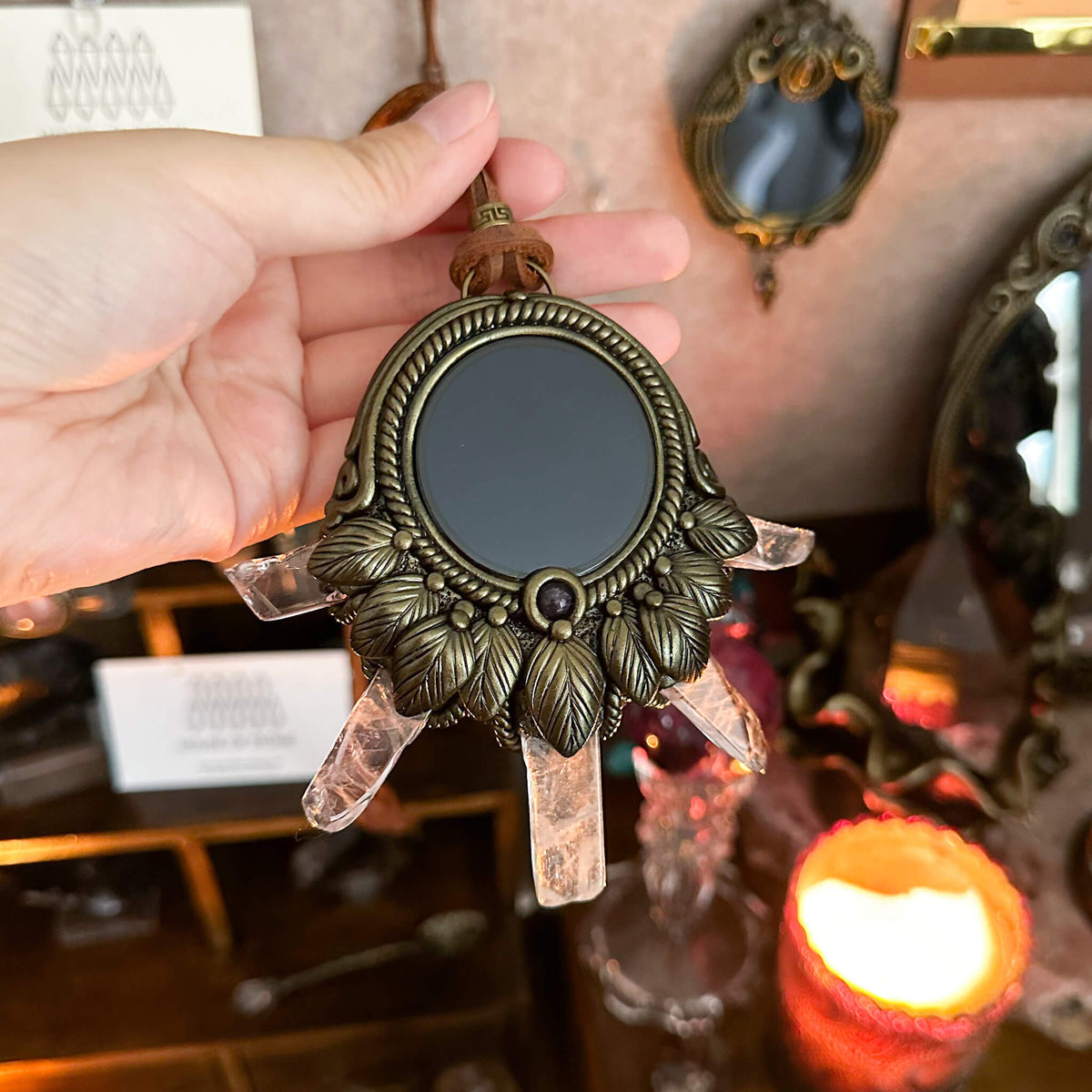 Handmade Natural Black Obsidian Pendant Necklace/Magic Obsidian Mirror Crystal Pendant/Scrying Mirror Talisman Protection Jewelry/Altar Tool