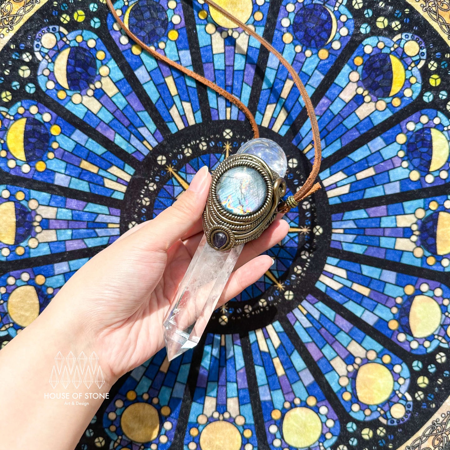 Natural Handmade Clear Quartz Pendant Necklace/Magic Quartz Crystal Double-sided Pendant/Labradorite Amethyst Jewelry/Chakra/Altar Tool