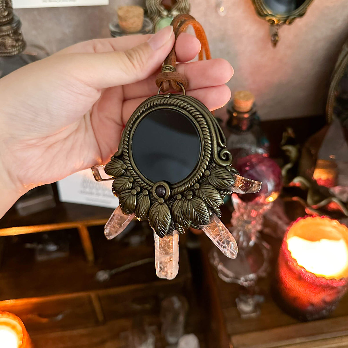 Handmade Natural Black Obsidian Pendant Necklace/Magic Obsidian Mirror Crystal Pendant/Scrying Mirror Talisman Protection Jewelry/Altar Tool