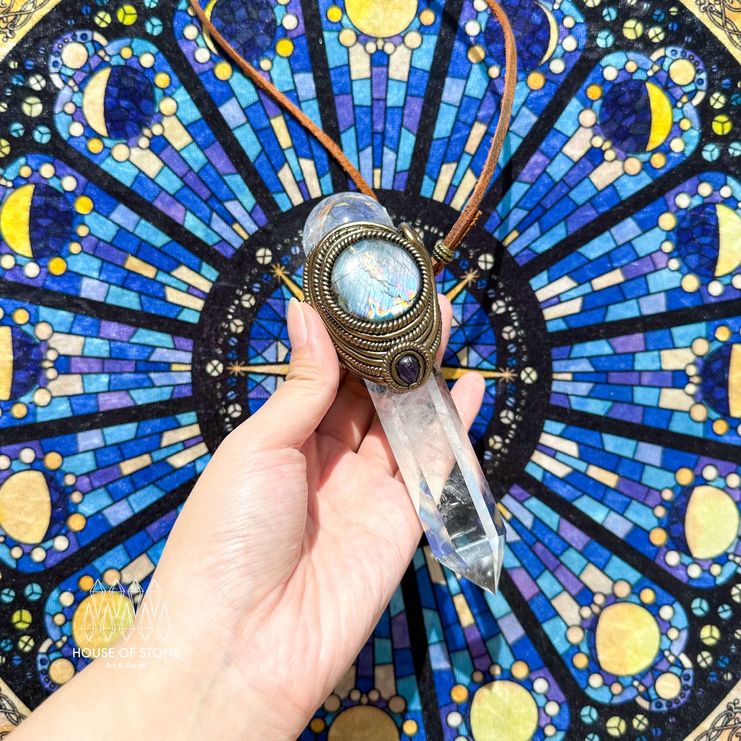 Natural Handmade Clear Quartz Pendant Necklace/Magic Quartz Crystal Double-sided Pendant/Labradorite Amethyst Jewelry/Chakra/Altar Tool