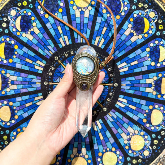 Natural Handmade Clear Quartz Pendant Necklace/Magic Quartz Crystal Double-sided Pendant/Labradorite Amethyst Jewelry/Chakra/Altar Tool