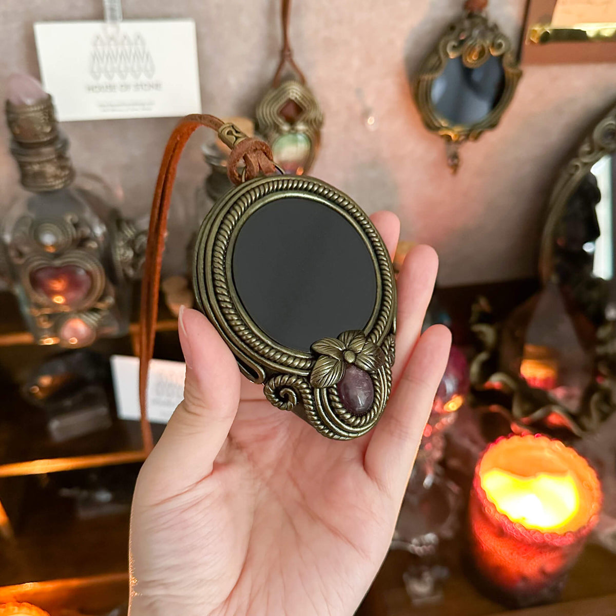 Handmade Natural Black Obsidian Pendant Necklace/Magic Obsidian Mirror Crystal Pendant/Scrying Mirror Talisman Protection Jewelry/Altar Tool