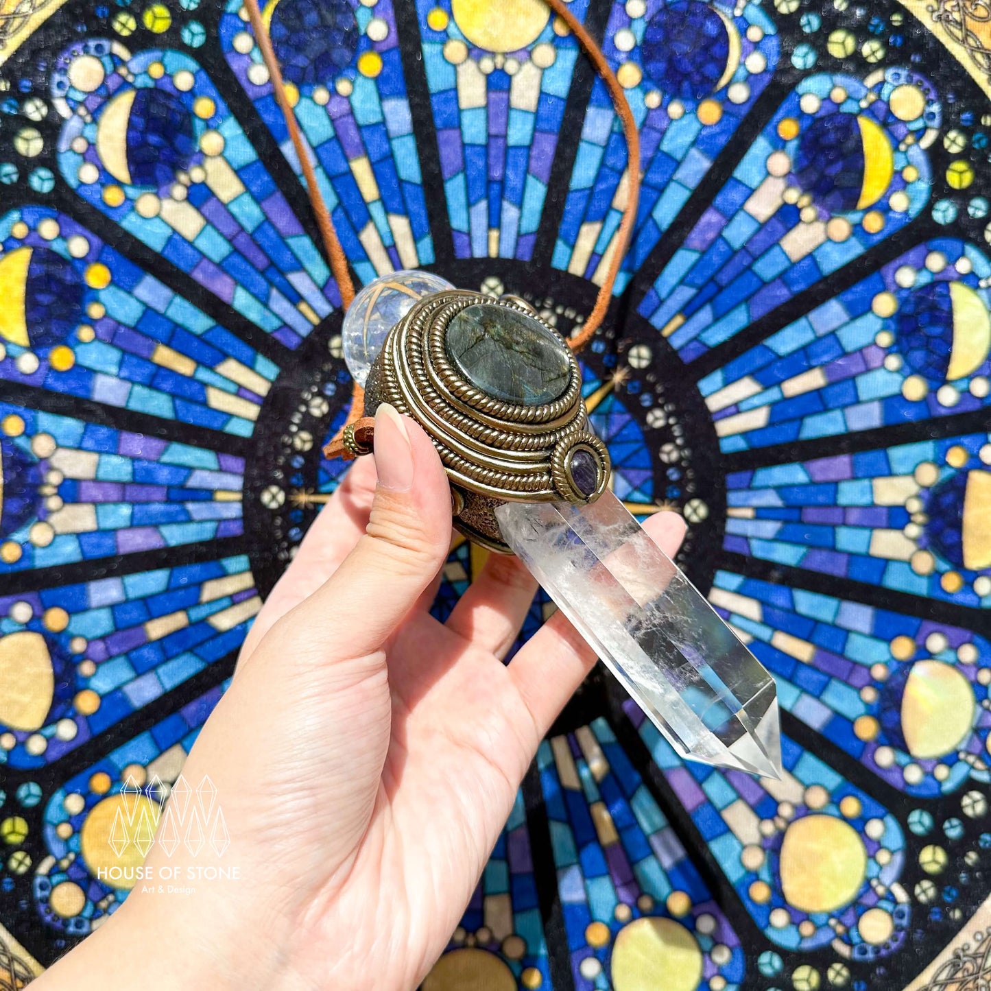 Natural Handmade Clear Quartz Pendant Necklace/Magic Quartz Crystal Double-sided Pendant/Labradorite Amethyst Jewelry/Chakra/Altar Tool