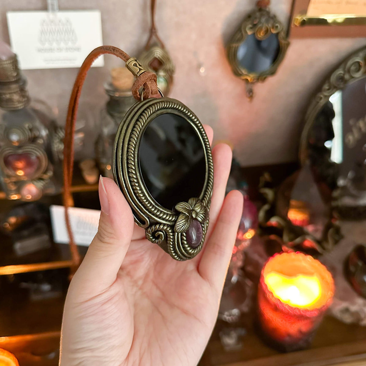 Handmade Natural Black Obsidian Pendant Necklace/Magic Obsidian Mirror Crystal Pendant/Scrying Mirror Talisman Protection Jewelry/Altar Tool