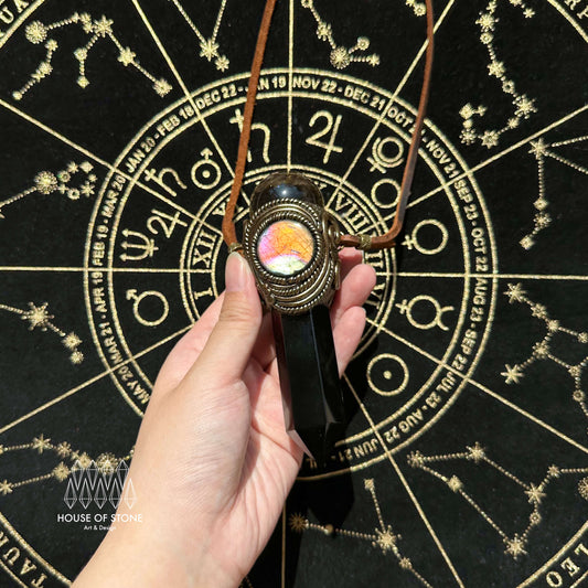 Natural Handmade Black Obsidian Pendant Necklace/Magic Smoky Quartz Crystal Pendant/Labradorite Jewelry/Chakra/Altar Tool