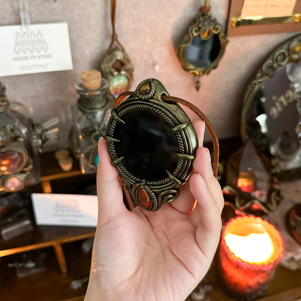 Handmade Natural Black Obsidian Pendant Necklace/Magic Obsidian Mirror Crystal Pendant/Scrying Mirror Talisman Protection Jewelry/Altar Tool