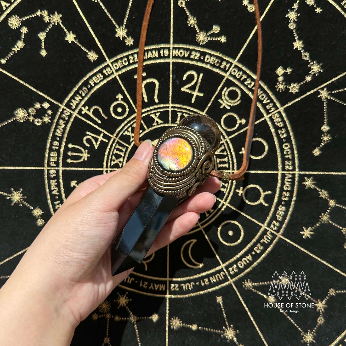 Natural Handmade Black Obsidian Pendant Necklace/Magic Smoky Quartz Crystal Pendant/Labradorite Jewelry/Chakra/Altar Tool