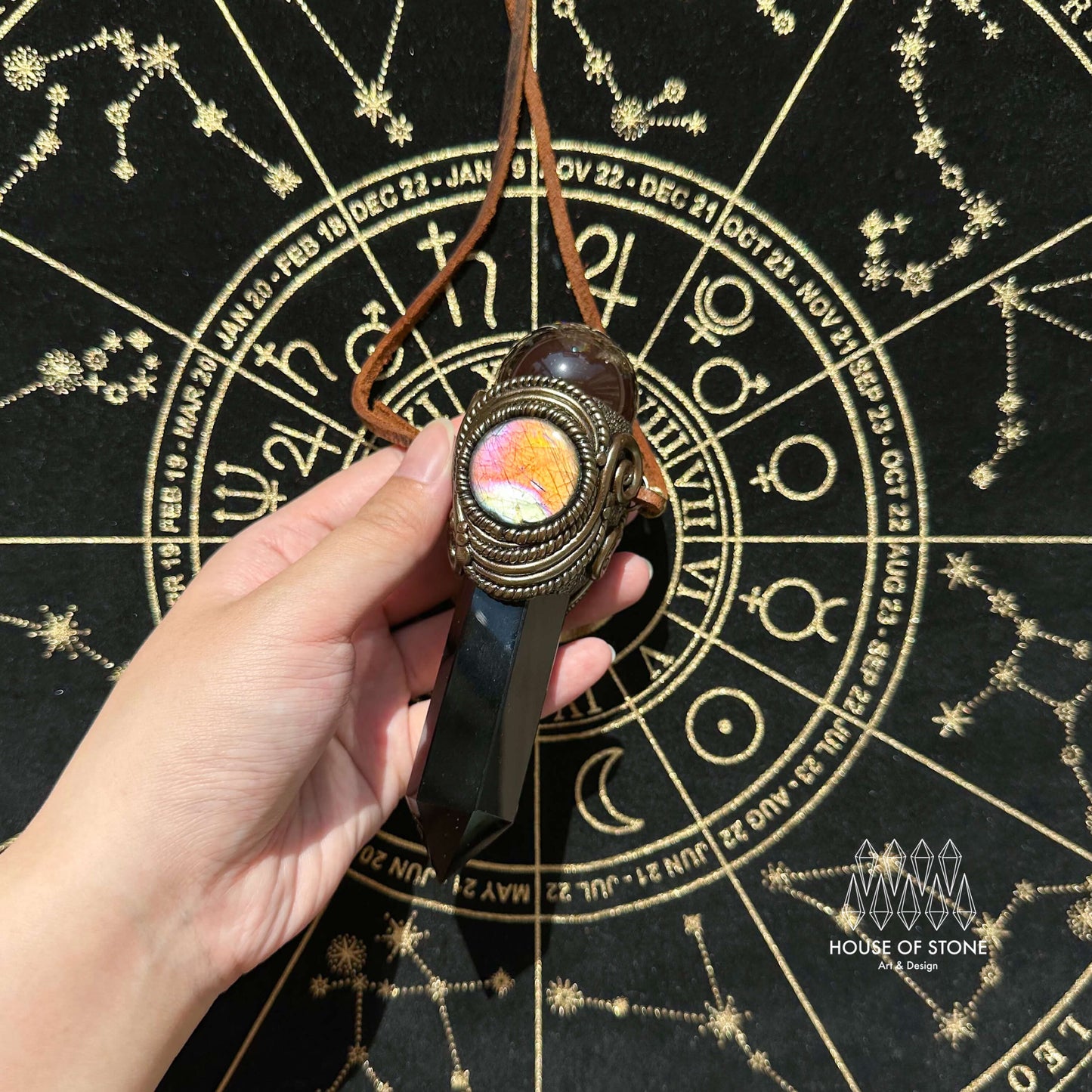 Natural Handmade Black Obsidian Pendant Necklace/Magic Smoky Quartz Crystal Pendant/Labradorite Jewelry/Chakra/Altar Tool