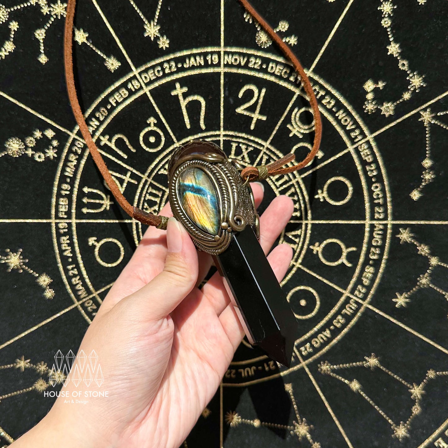 Natural Handmade Black Obsidian Pendant Necklace/Magic Smoky Quartz Crystal Pendant/Labradorite Jewelry/Chakra/Altar Tool