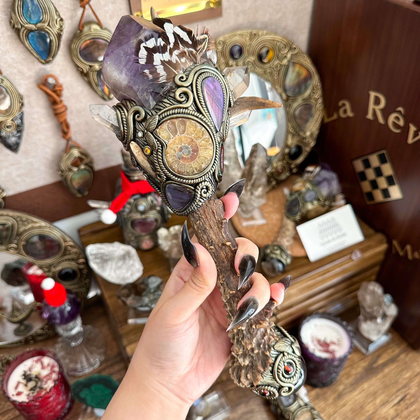 Handmade Natural Crystal Amethyst Antler Wand/Magic Smoky Quartz Witch Wand/Labradorite Amethyst Ammonite Antler Stem/Chakra/Altar Tool