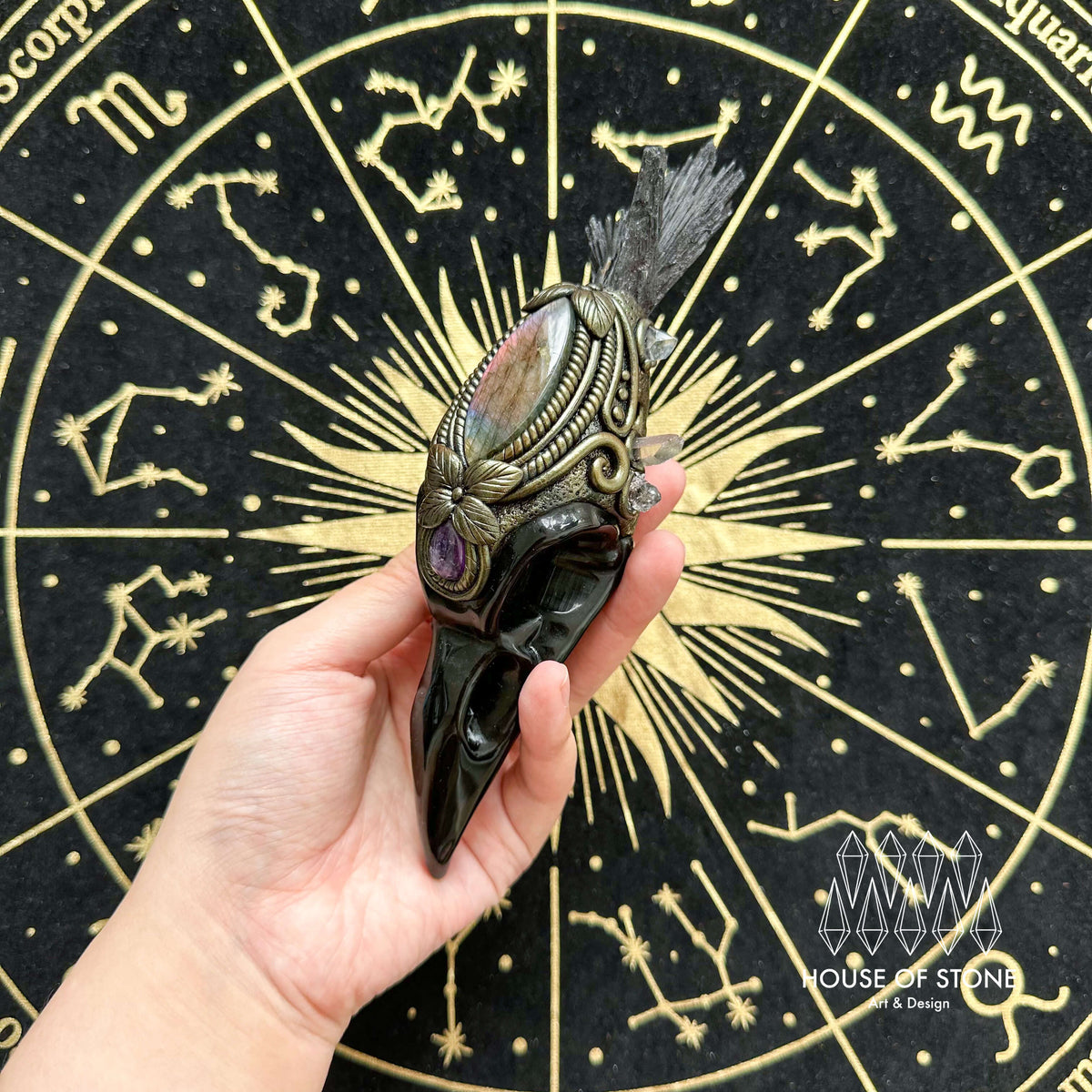 Handmade Natural Black Obsidian Raven Skull Pendant Necklace/Magic Black Tourmaline Crystal Protection Pendant/Amulet Talisman Jewelry/Chakra/Altar Tool