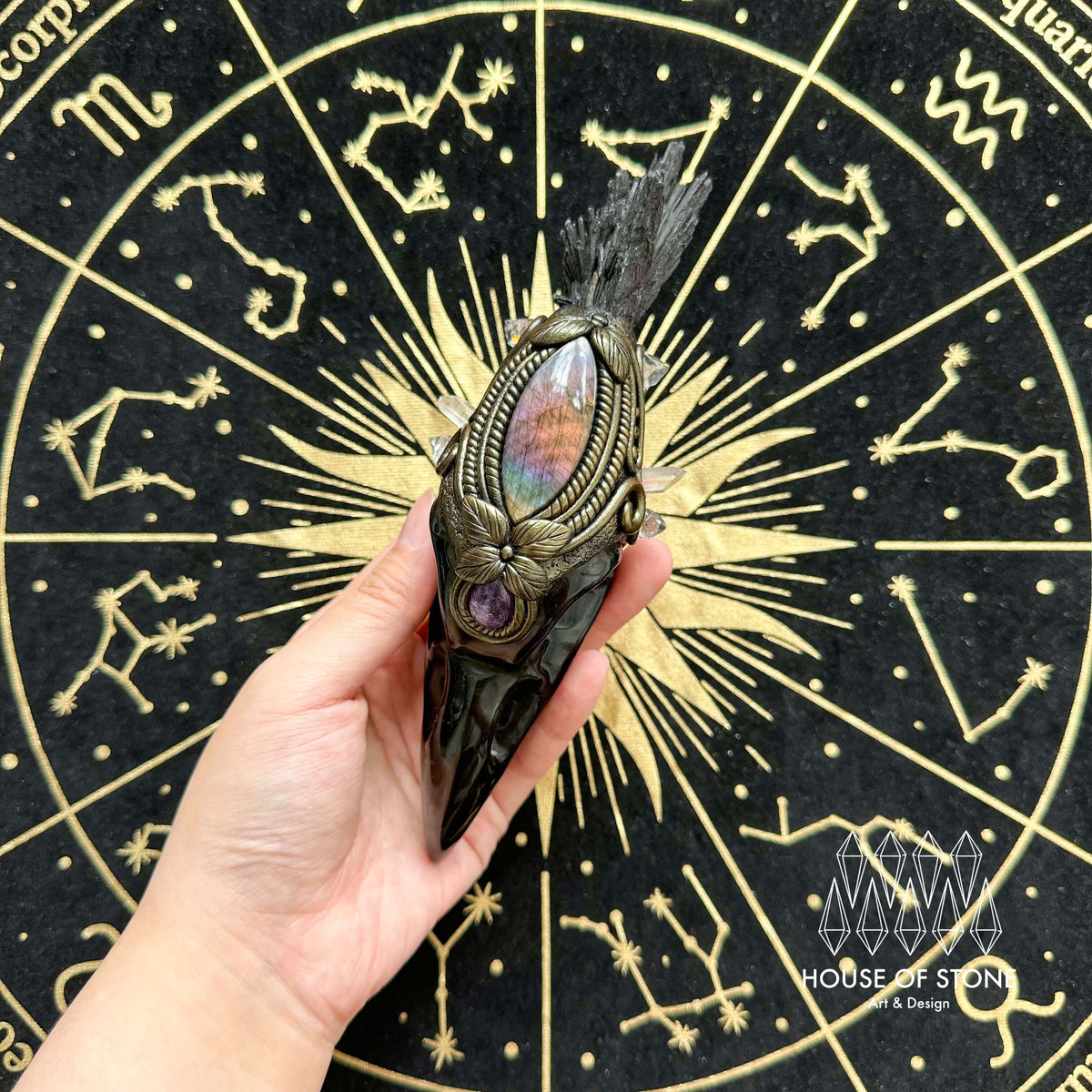 Handmade Natural Black Obsidian Raven Skull Pendant Necklace/Magic Black Tourmaline Crystal Protection Pendant/Amulet Talisman Jewelry/Chakra/Altar Tool