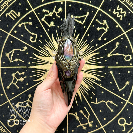 Handmade Natural Black Obsidian Raven Skull Pendant Necklace/Magic Black Tourmaline Crystal Protection Pendant/Amulet Talisman Jewelry/Chakra/Altar Tool