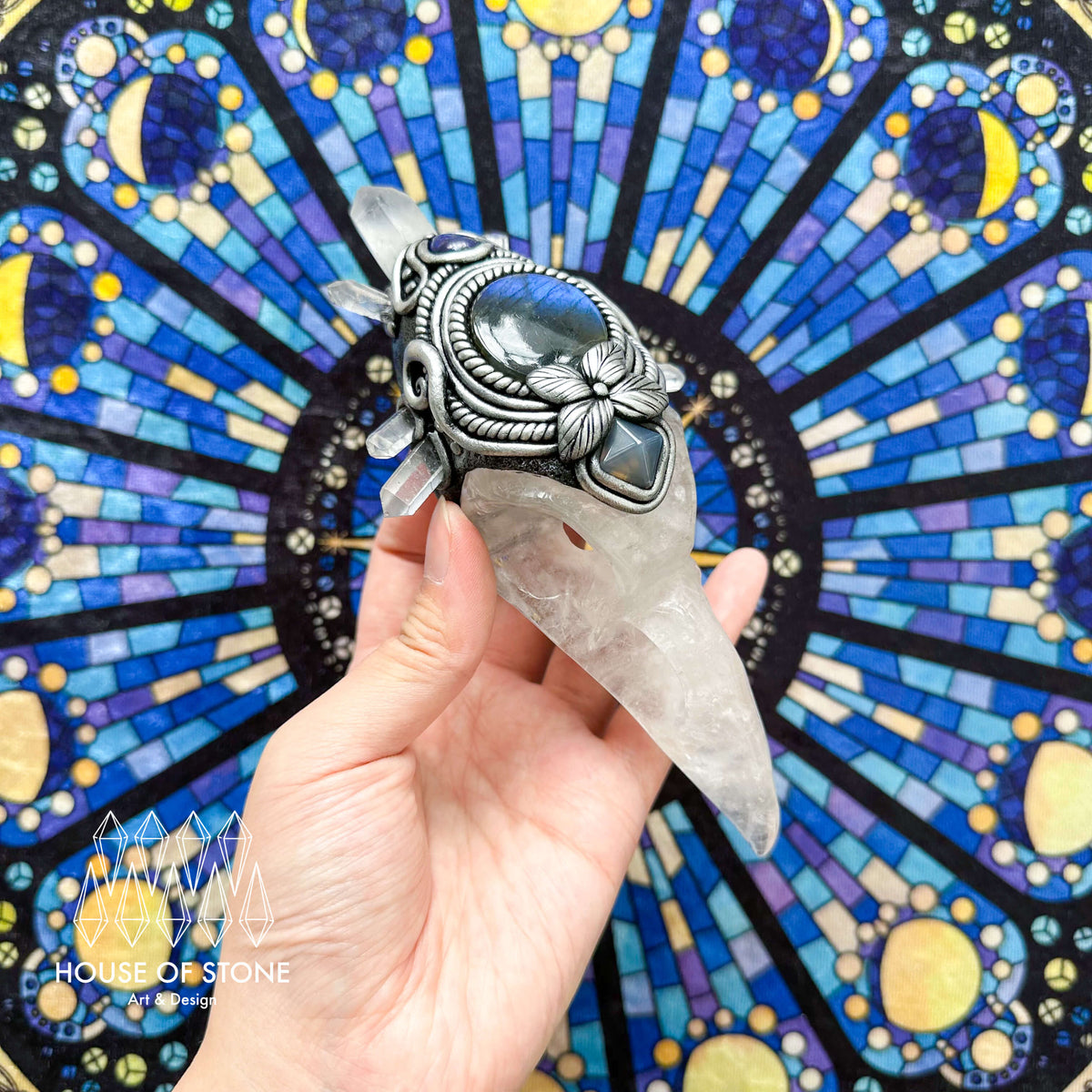 Handmade Natural Clear Quartz Raven Skull Pendant Necklace/Magic Herkimer Diamond Crystal Protection Pendant/Amulet Talisman Jewelry/Chakra/Altar Tool