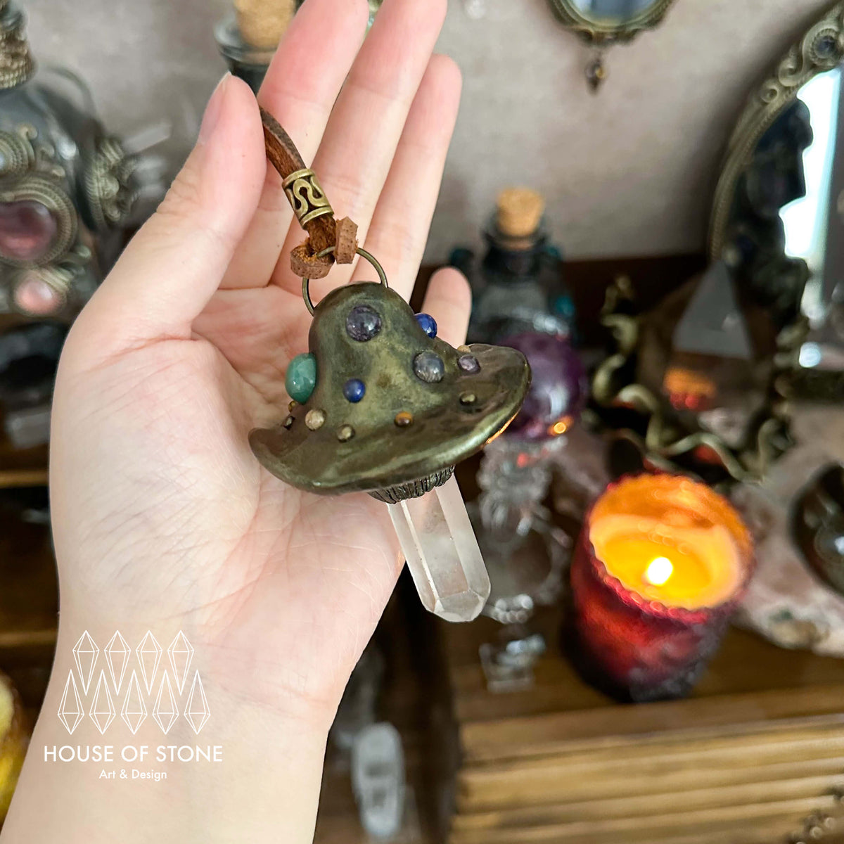 Handmade Natural Clear Quartz Pendant Necklace/Magic Mushroom Crystal Protection Pendant/Amulet Talisman Jewelry/Chakra/Altar Tool