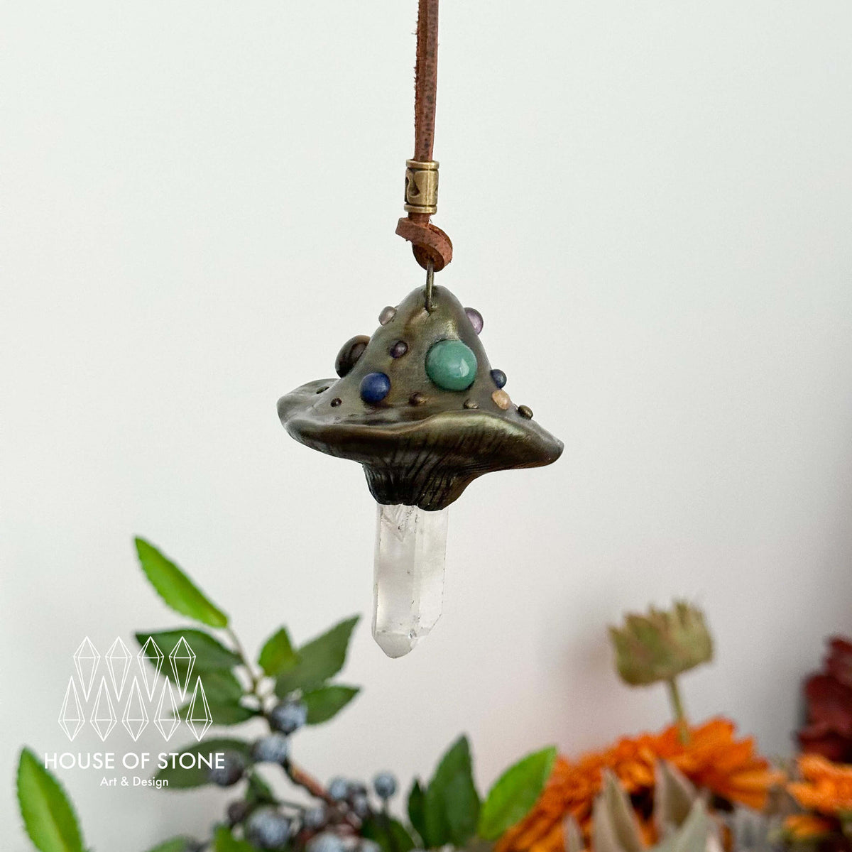 Handmade Natural Clear Quartz Pendant Necklace/Magic Mushroom Crystal Protection Pendant/Amulet Talisman Jewelry/Chakra/Altar Tool