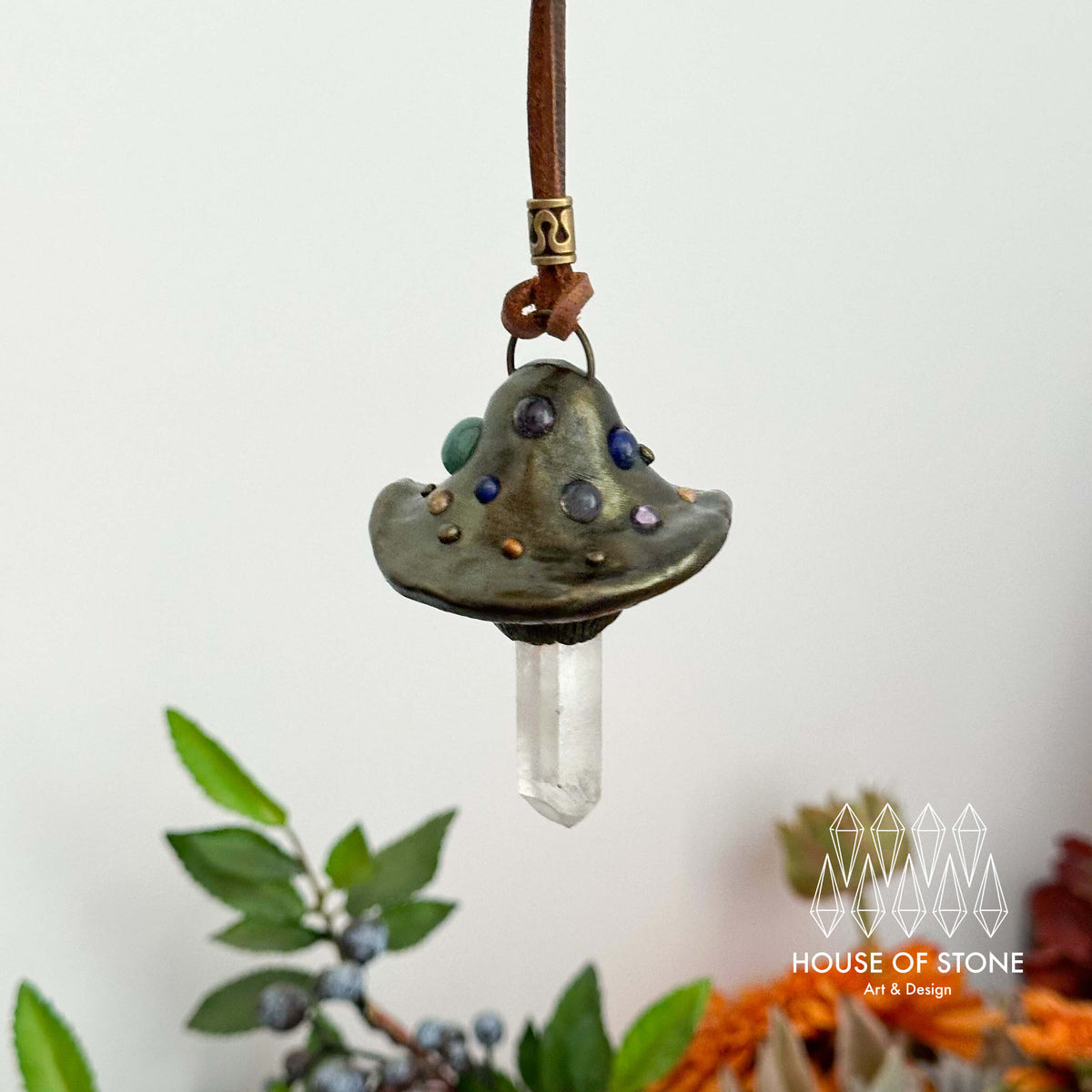 Handmade Natural Clear Quartz Pendant Necklace/Magic Mushroom Crystal Protection Pendant/Amulet Talisman Jewelry/Chakra/Altar Tool