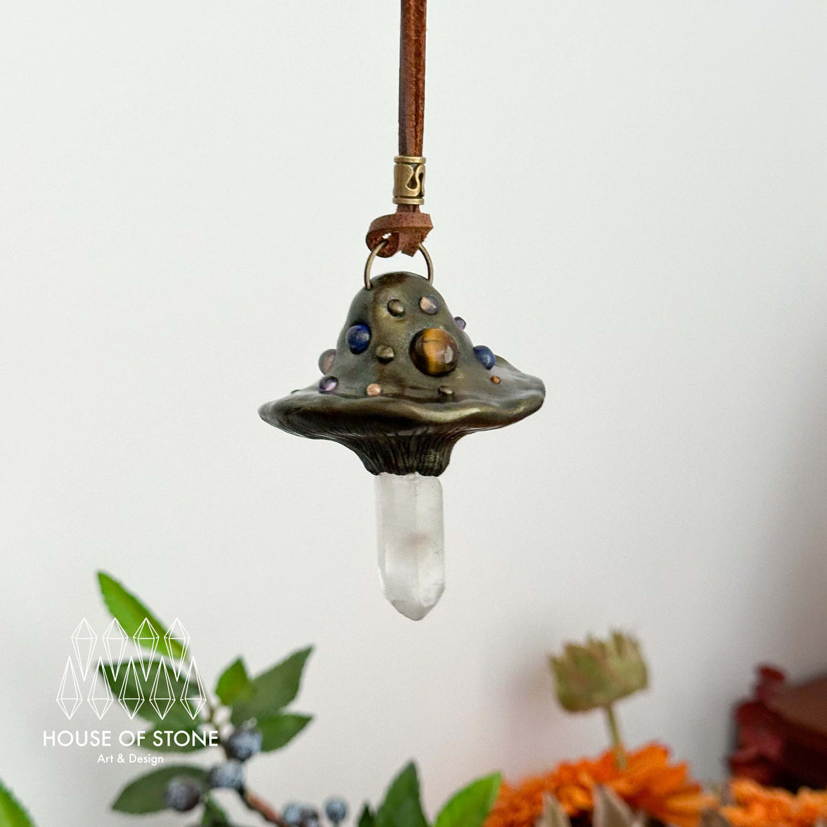 Handmade Natural Clear Quartz Pendant Necklace/Magic Mushroom Crystal Protection Pendant/Amulet Talisman Jewelry/Chakra/Altar Tool