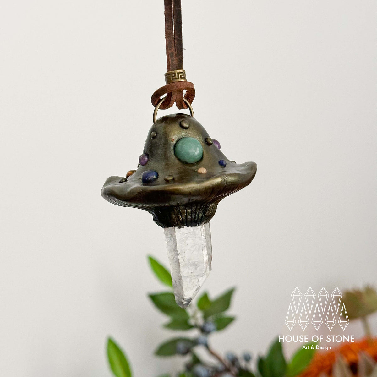 Handmade Natural Clear Quartz Pendant Necklace/Magic Mushroom Crystal Protection Pendant/Amulet Talisman Jewelry/Chakra/Altar Tool