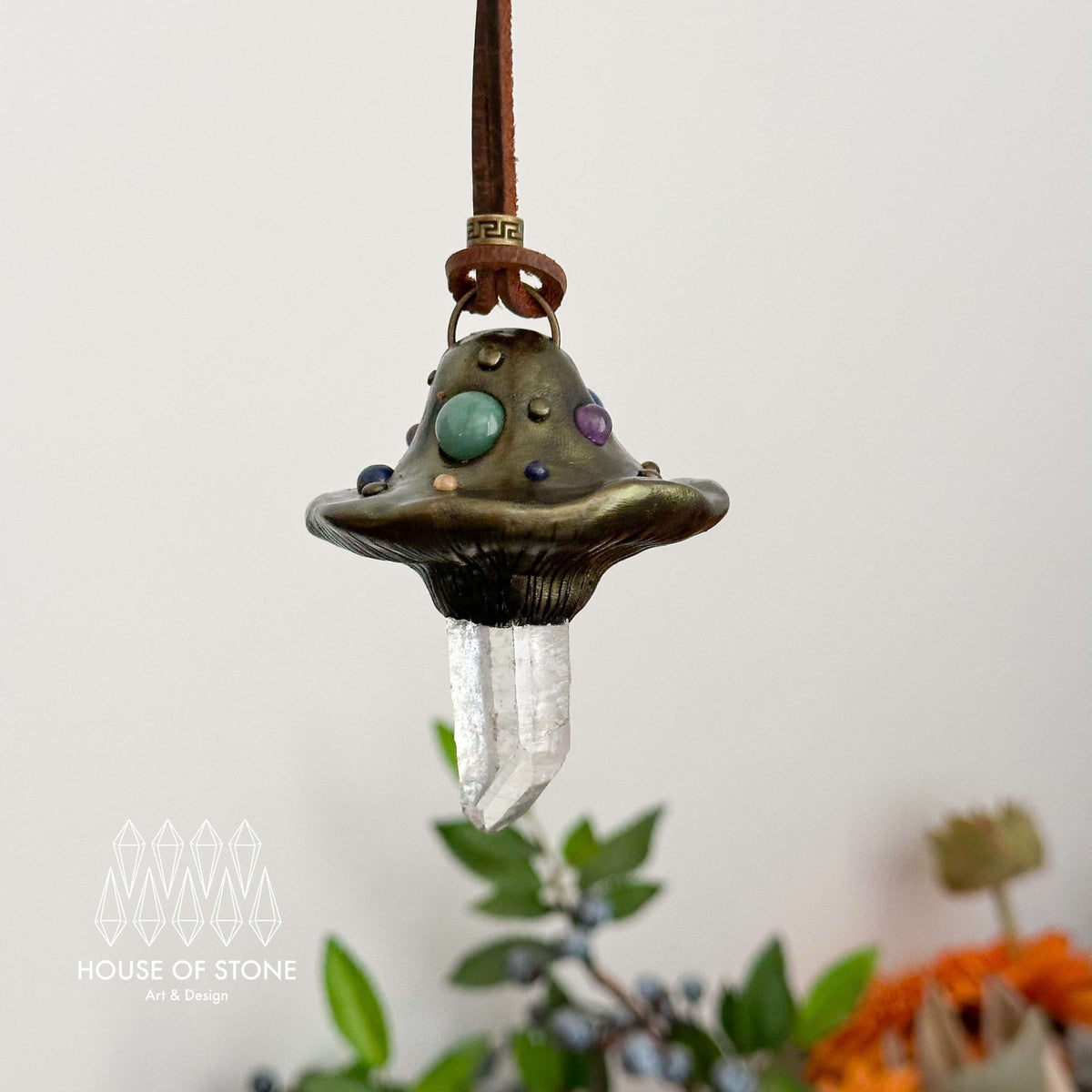 Handmade Natural Clear Quartz Pendant Necklace/Magic Mushroom Crystal Protection Pendant/Amulet Talisman Jewelry/Chakra/Altar Tool