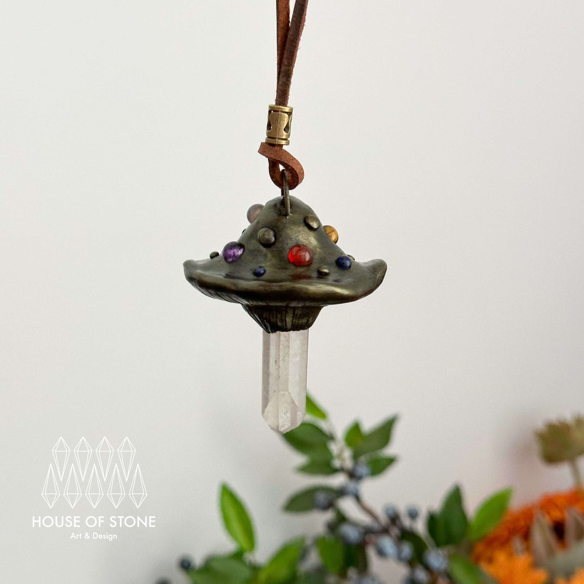 Handmade Natural Clear Quartz Pendant Necklace/Magic Mushroom Crystal Protection Pendant/Amulet Talisman Jewelry/Chakra/Altar Tool