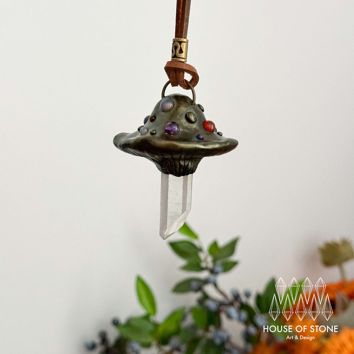 Handmade Natural Clear Quartz Pendant Necklace/Magic Mushroom Crystal Protection Pendant/Amulet Talisman Jewelry/Chakra/Altar Tool