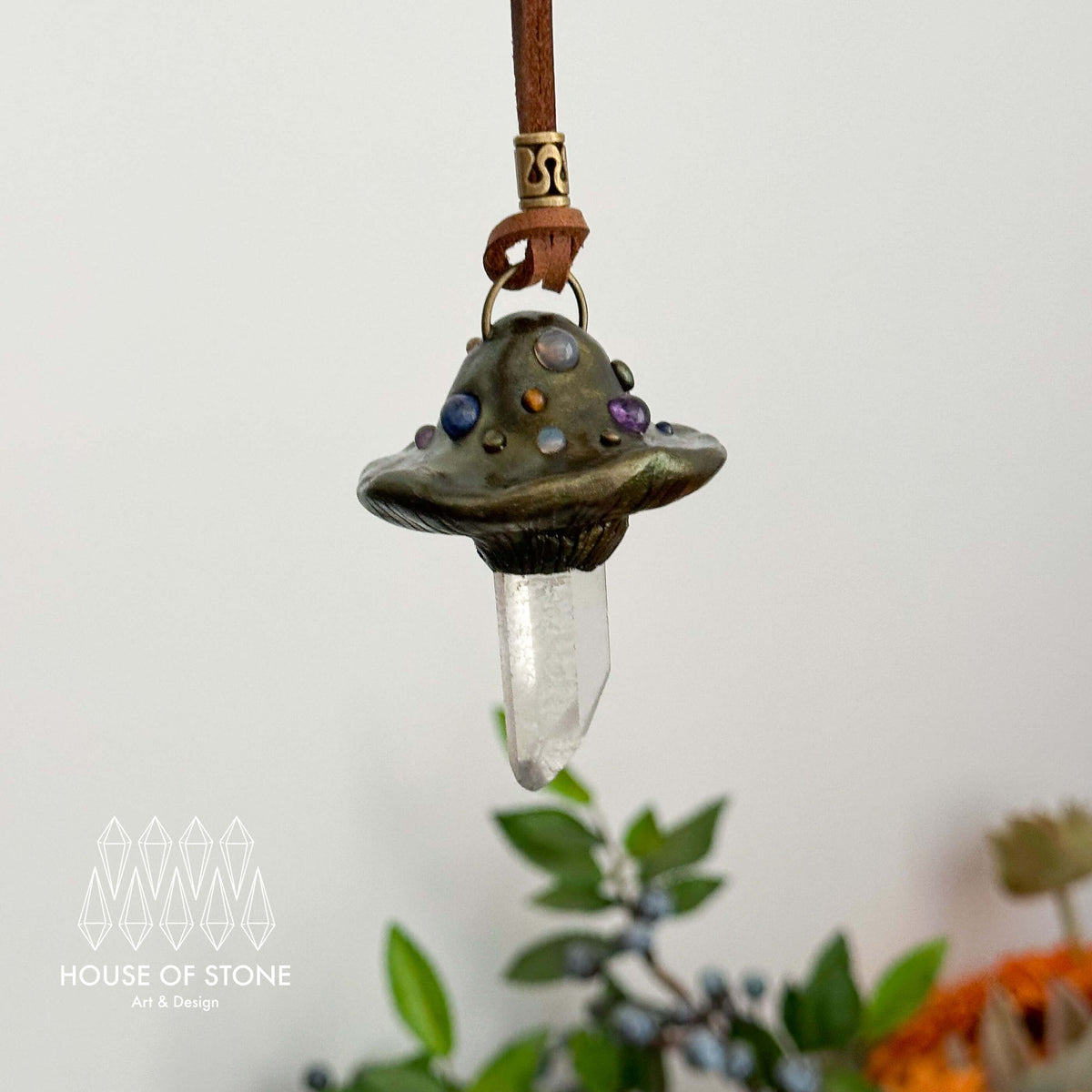 Handmade Natural Clear Quartz Pendant Necklace/Magic Mushroom Crystal Protection Pendant/Amulet Talisman Jewelry/Chakra/Altar Tool
