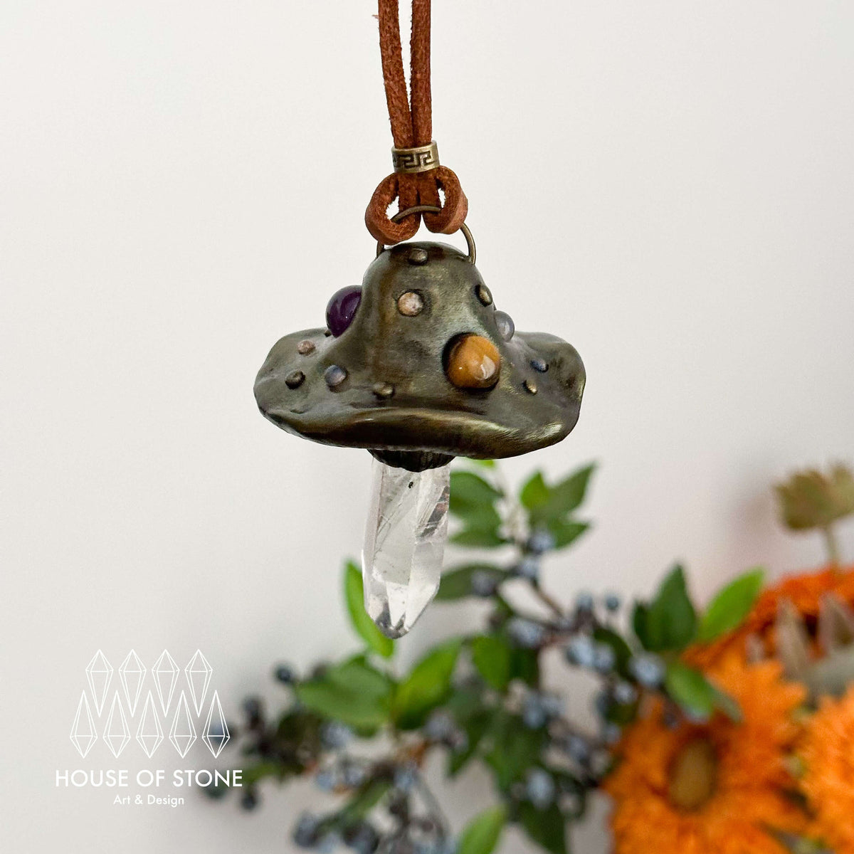 Handmade Natural Clear Quartz Pendant Necklace/Magic Mushroom Crystal Protection Pendant/Amulet Talisman Jewelry/Chakra/Altar Tool