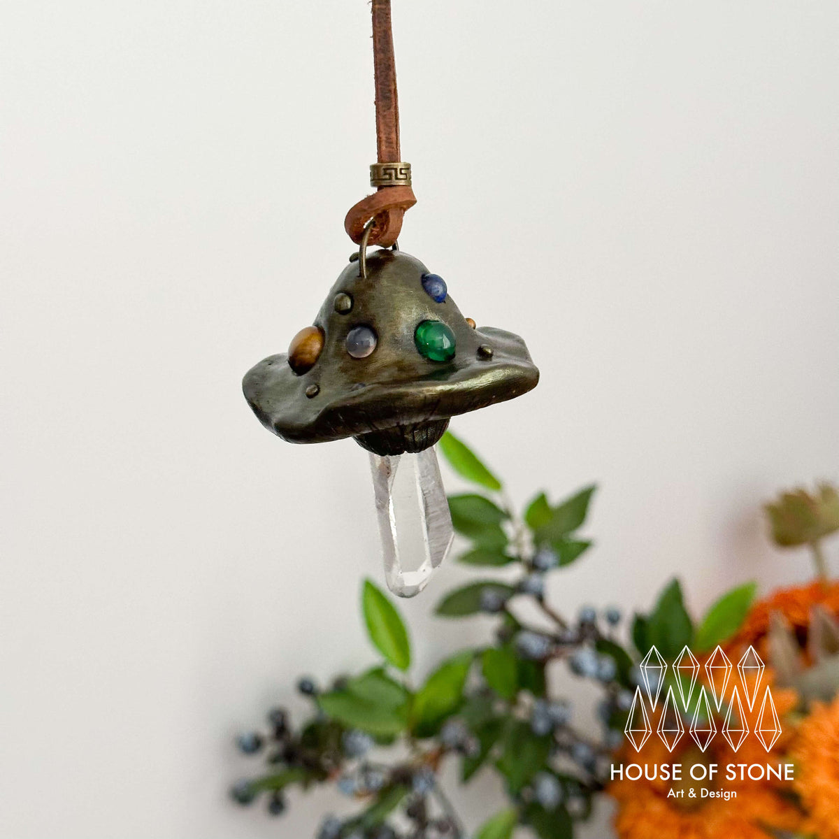 Handmade Natural Clear Quartz Pendant Necklace/Magic Mushroom Crystal Protection Pendant/Amulet Talisman Jewelry/Chakra/Altar Tool