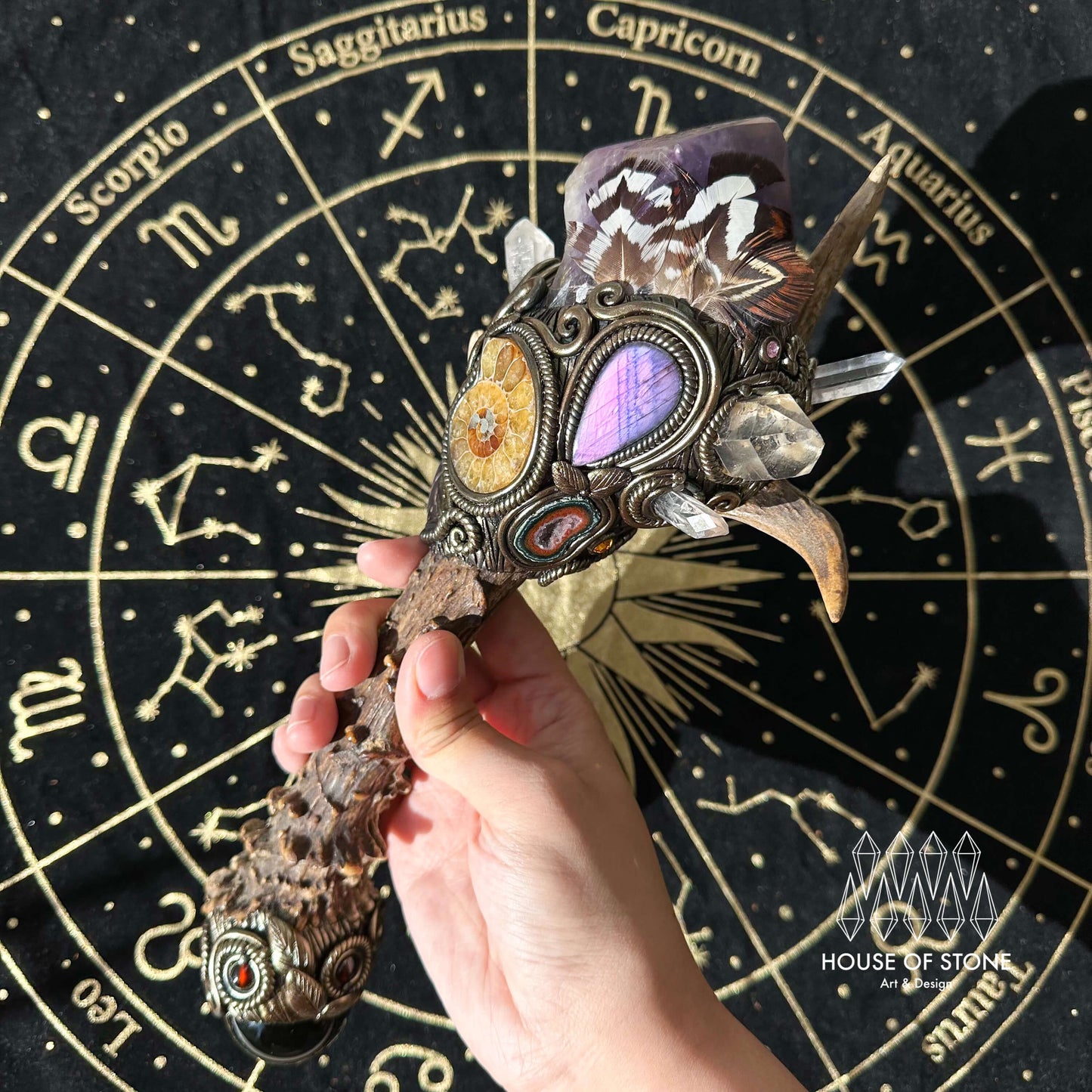 Handmade Natural Crystal Amethyst Antler Wand/Magic Smoky Quartz Witch Wand/Labradorite Amethyst Ammonite Antler Stem/Chakra/Altar Tool