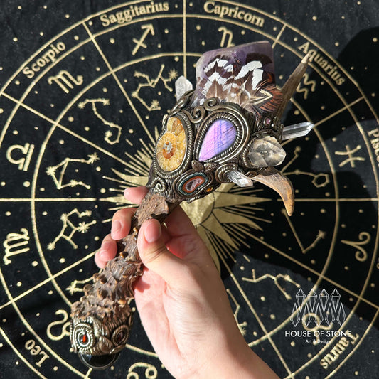 Handmade Natural Crystal Amethyst Antler Wand/Magic Smoky Quartz Witch Wand/Labradorite Amethyst Ammonite Antler Stem/Chakra/Altar Tool