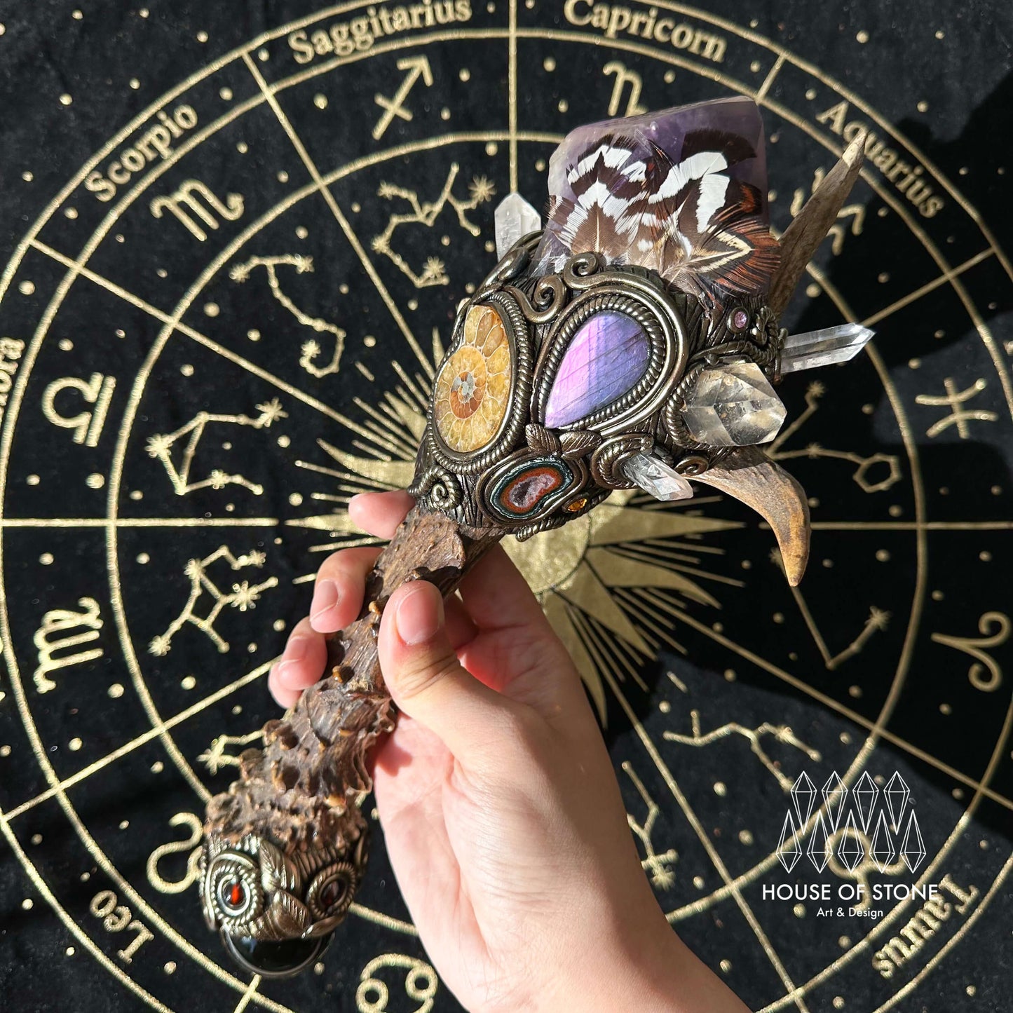 Handmade Natural Crystal Amethyst Antler Wand/Magic Smoky Quartz Witch Wand/Labradorite Amethyst Ammonite Antler Stem/Chakra/Altar Tool