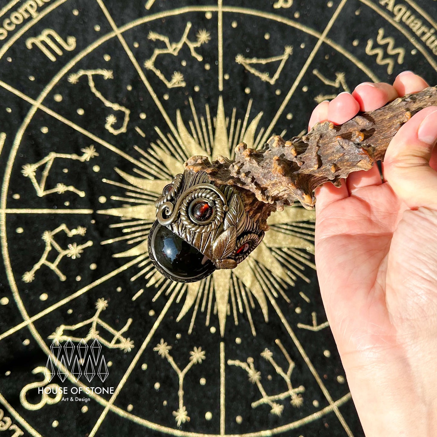 Handmade Natural Crystal Amethyst Antler Wand/Magic Smoky Quartz Witch Wand/Labradorite Amethyst Ammonite Antler Stem/Chakra/Altar Tool