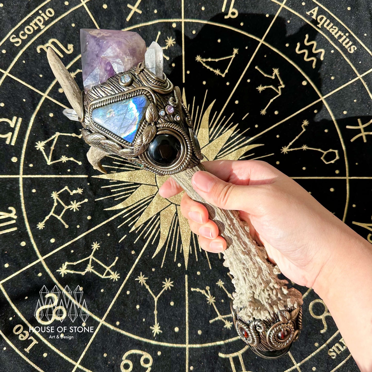 Handmade Natural Crystal Amethyst Antler Wand/Magic Smoky Quartz Witch Wand/Labradorite Amethyst Ammonite Antler Stem/Chakra/Altar Tool