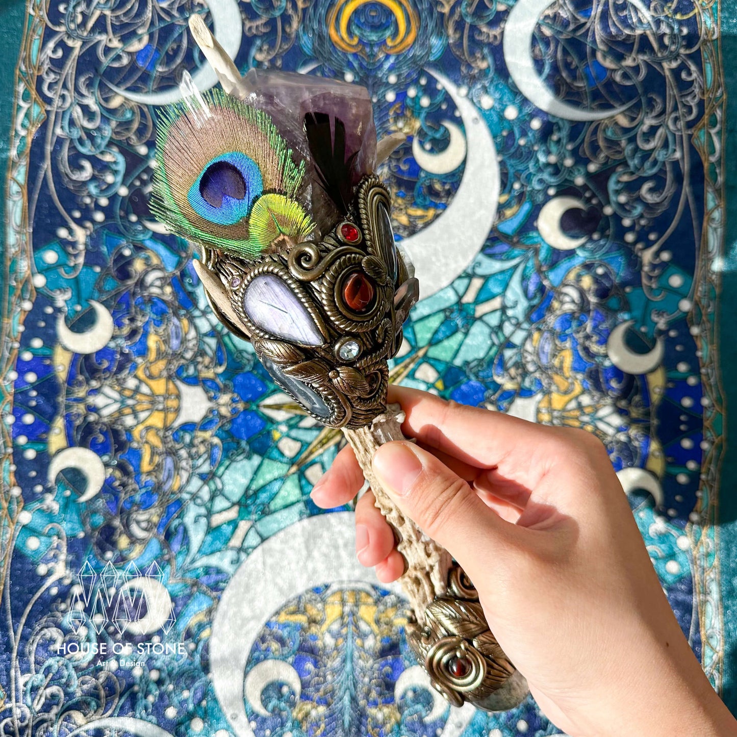 Handmade Natural Crystal Amethyst Antler Wand/Magic Smoky Quartz Witch Wand/Labradorite Amethyst Ammonite Antler Stem/Chakra/Altar Tool