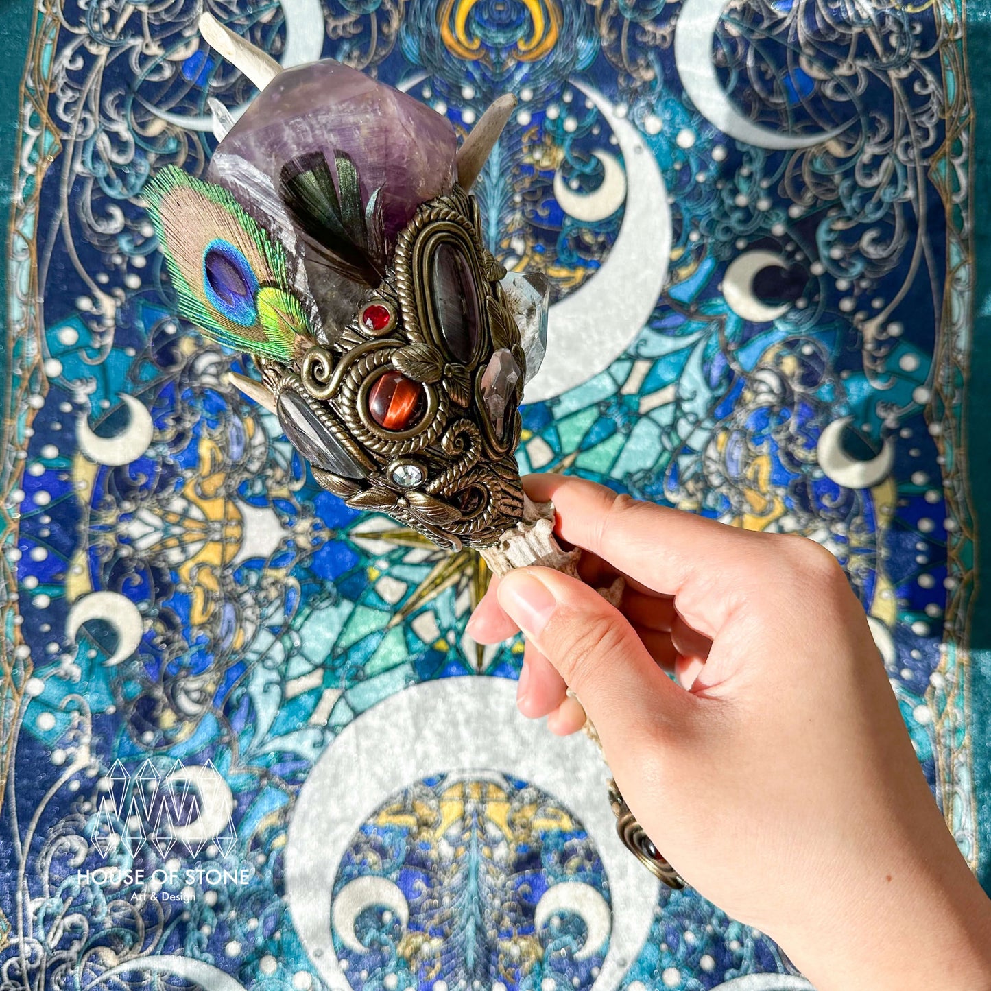 Handmade Natural Crystal Amethyst Antler Wand/Magic Smoky Quartz Witch Wand/Labradorite Amethyst Ammonite Antler Stem/Chakra/Altar Tool