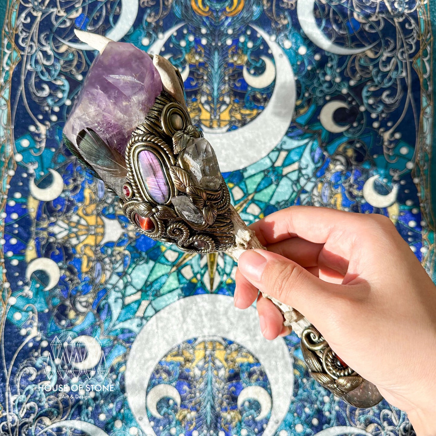 Handmade Natural Crystal Amethyst Antler Wand/Magic Smoky Quartz Witch Wand/Labradorite Amethyst Ammonite Antler Stem/Chakra/Altar Tool