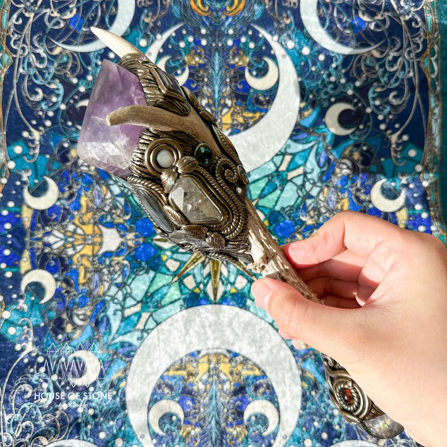 Handmade Natural Crystal Amethyst Antler Wand/Magic Smoky Quartz Witch Wand/Labradorite Amethyst Ammonite Antler Stem/Chakra/Altar Tool