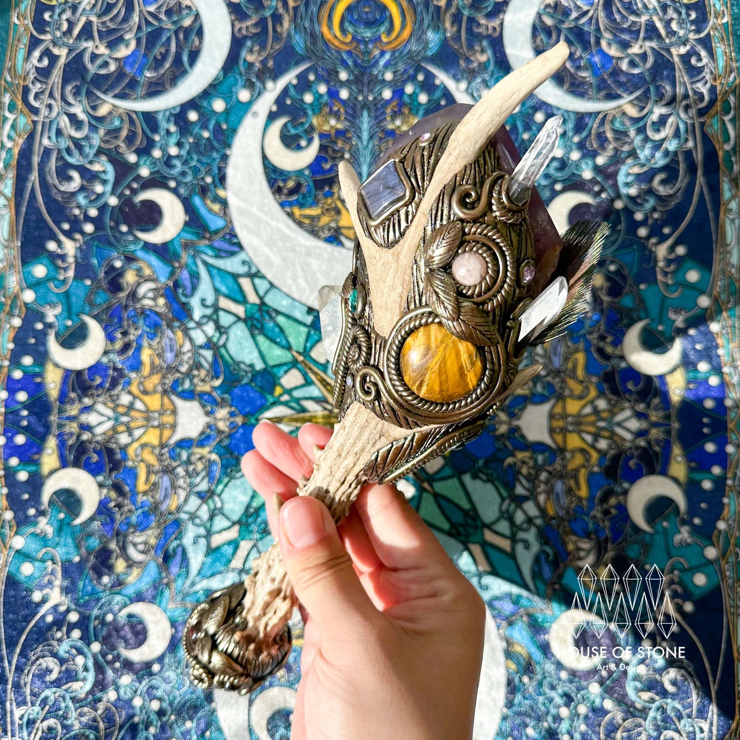 Handmade Natural Crystal Amethyst Antler Wand/Magic Smoky Quartz Witch Wand/Labradorite Amethyst Ammonite Antler Stem/Chakra/Altar Tool