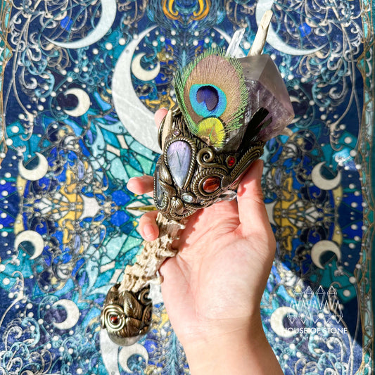 Handmade Natural Crystal Amethyst Antler Wand/Magic Smoky Quartz Witch Wand/Labradorite Amethyst Ammonite Antler Stem/Chakra/Altar Tool