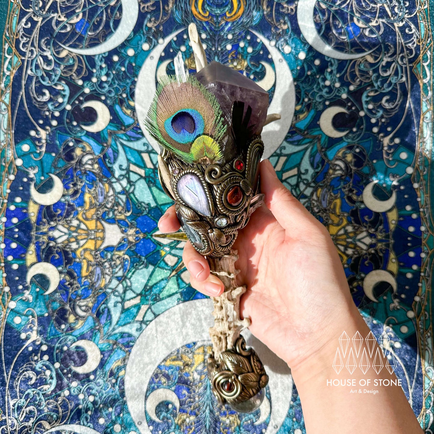 Handmade Natural Crystal Amethyst Antler Wand/Magic Smoky Quartz Witch Wand/Labradorite Amethyst Ammonite Antler Stem/Chakra/Altar Tool