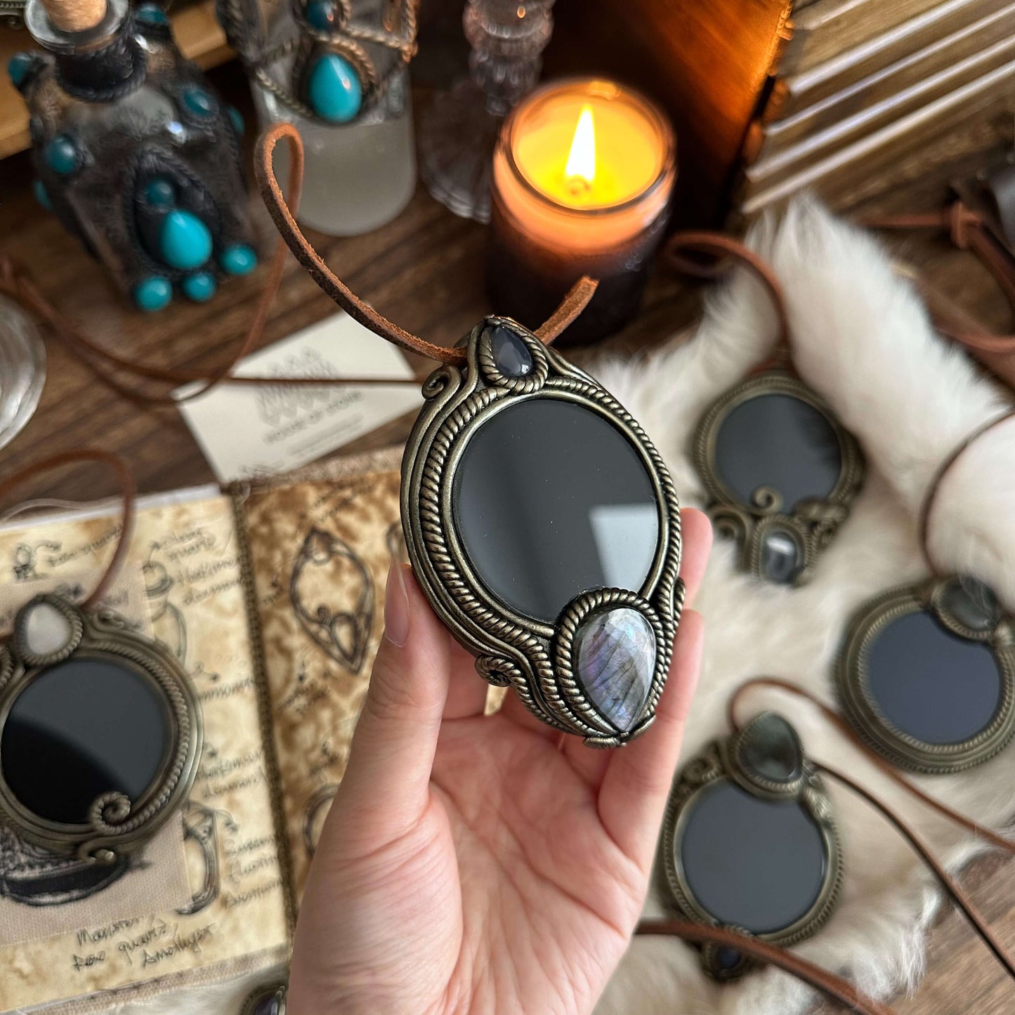 Handmade Natural Black Obsidian Pendant Necklace/Magic Obsidian Mirror Crystal Pendant/Scrying Mirror Talisman Protection Jewelry/Altar Tool
