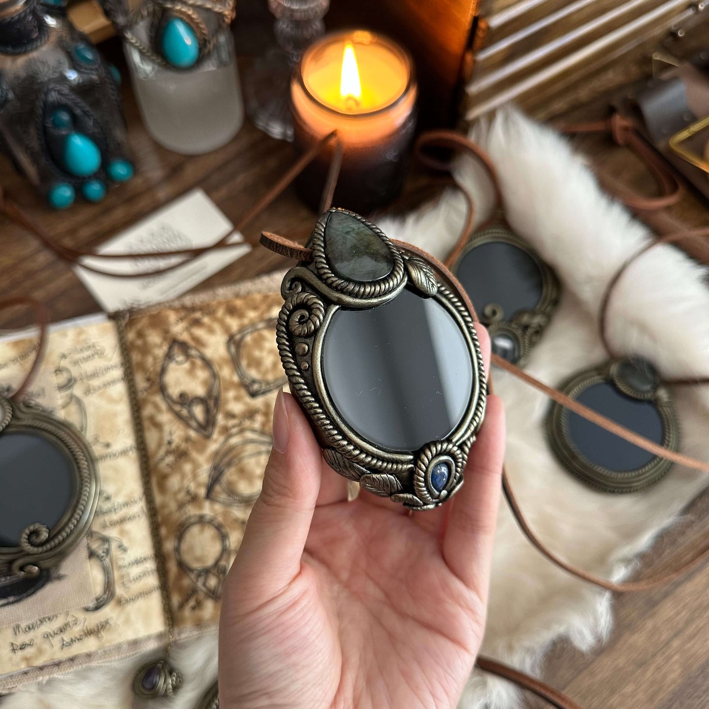 Handmade Natural Black Obsidian Pendant Necklace/Magic Obsidian Mirror Crystal Pendant/Scrying Mirror Talisman Protection Jewelry/Altar Tool