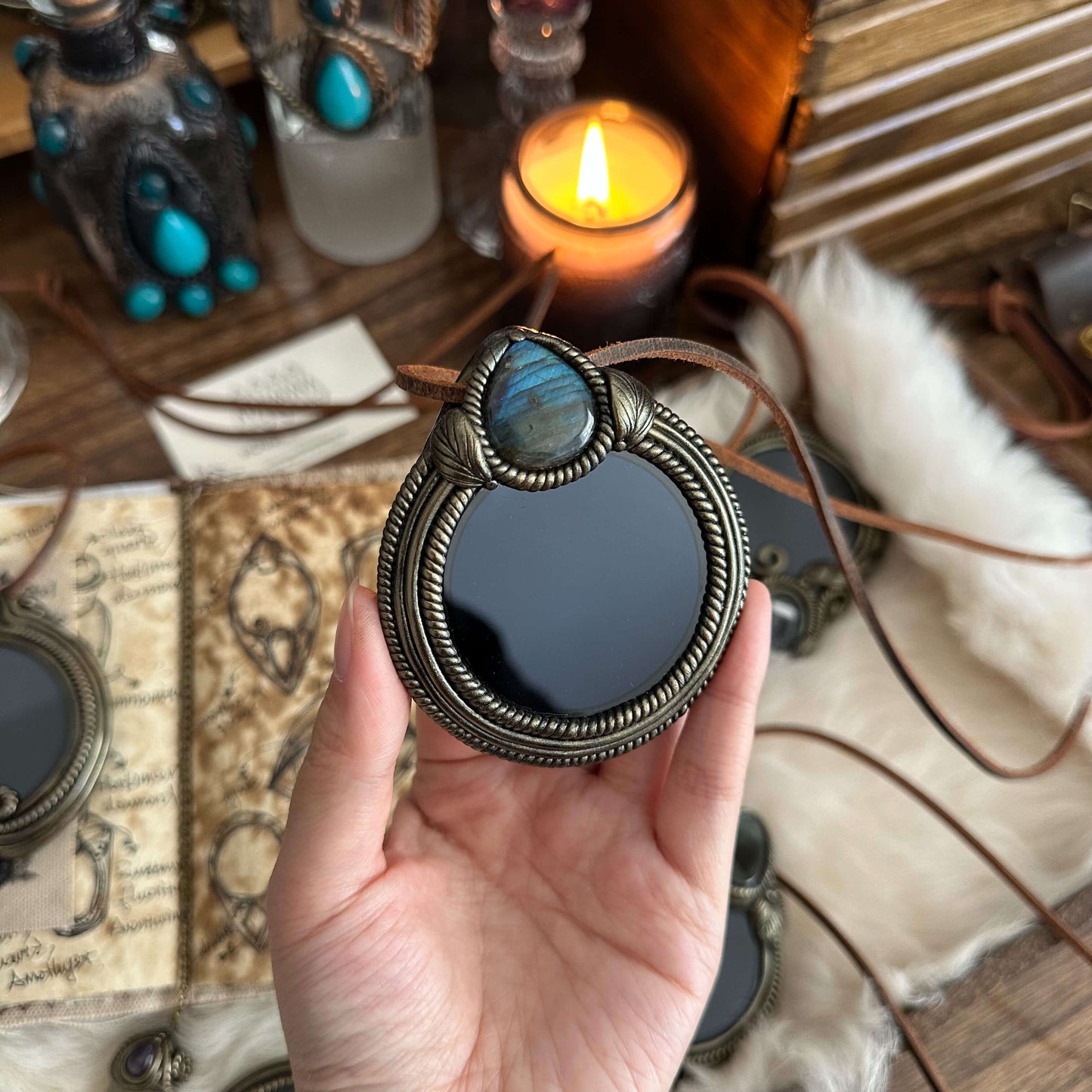 Handmade Natural Black Obsidian Pendant Necklace/Magic Obsidian Mirror Crystal Pendant/Scrying Mirror Talisman Protection Jewelry/Altar Tool