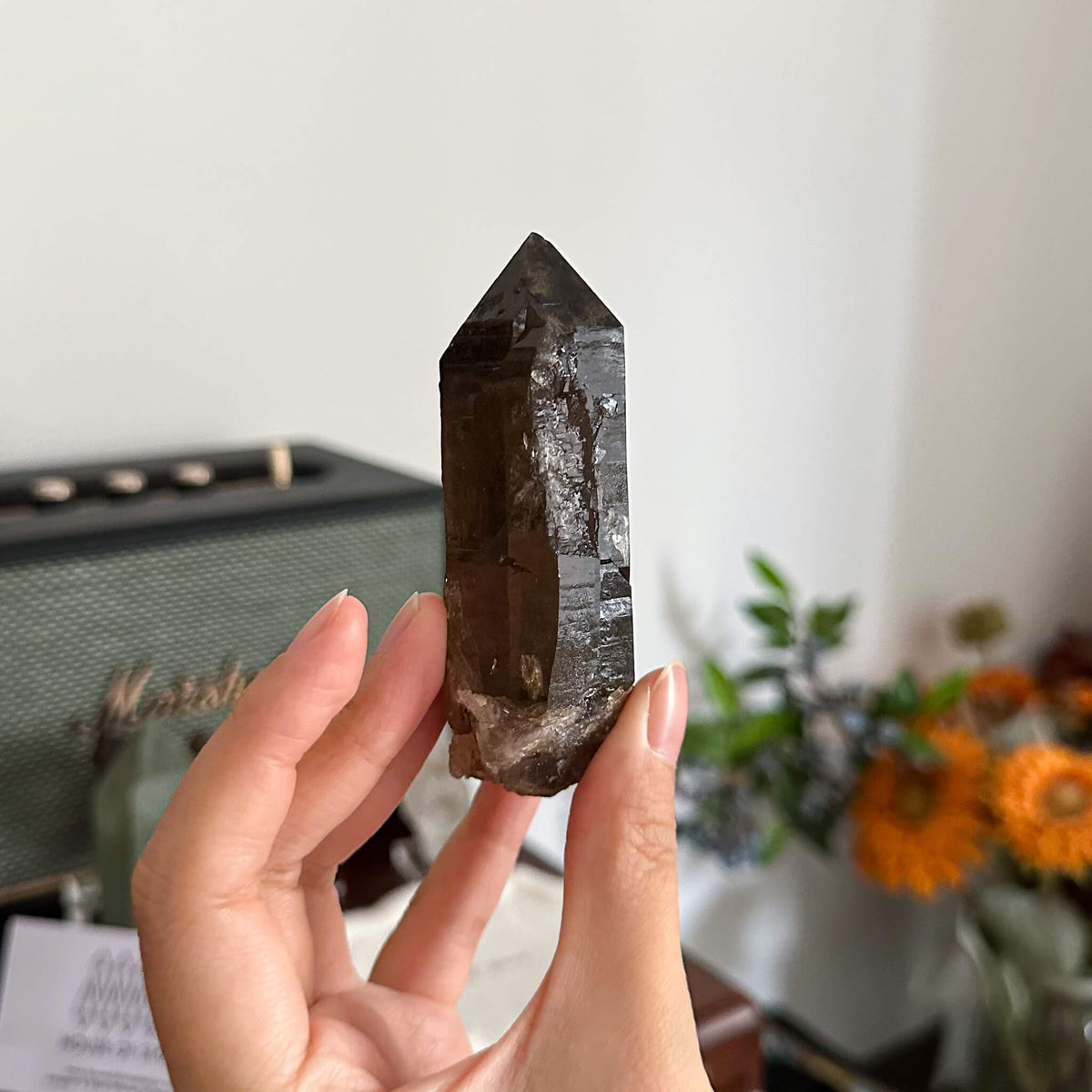 France Smoky Quartz Point Specimen/France Dark Smoky Quartz Tower with Fluorite Marks/Alpine Mineral/Apls Quartz/Mont-Blanc Minerals