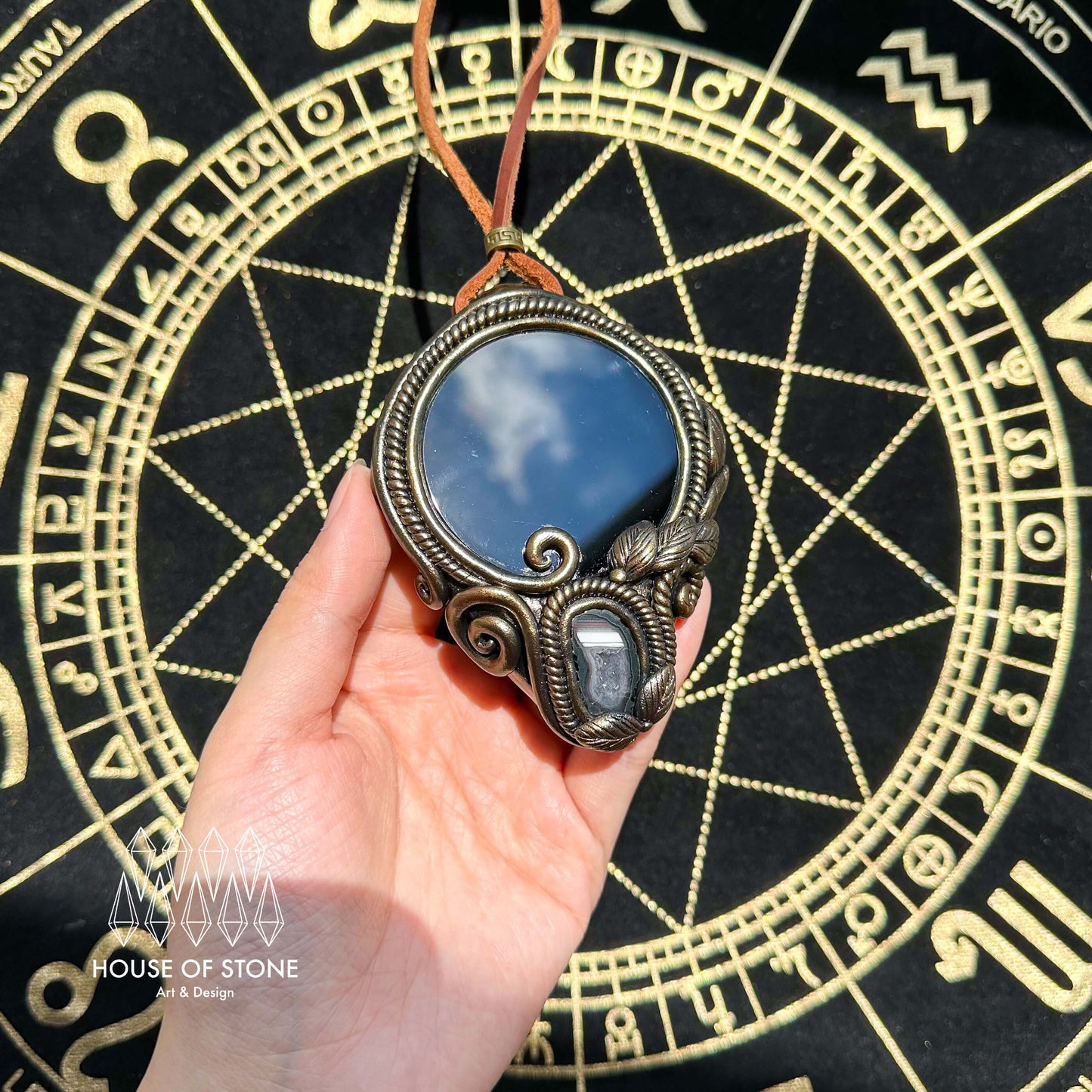 Handmade Natural Black Obsidian Pendant Necklace/Magic Obsidian Mirror Crystal Pendant/Scrying Mirror Talisman Protection Jewelry/Altar Tool