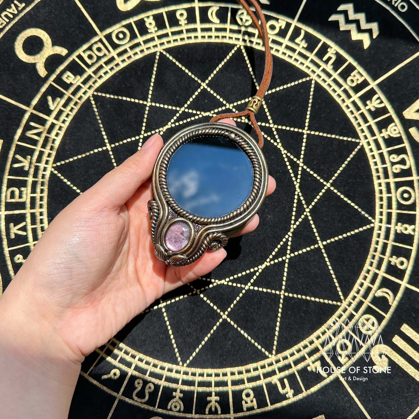 Handmade Natural Black Obsidian Pendant Necklace/Magic Obsidian Mirror Crystal Pendant/Scrying Mirror Talisman Protection Jewelry/Altar Tool