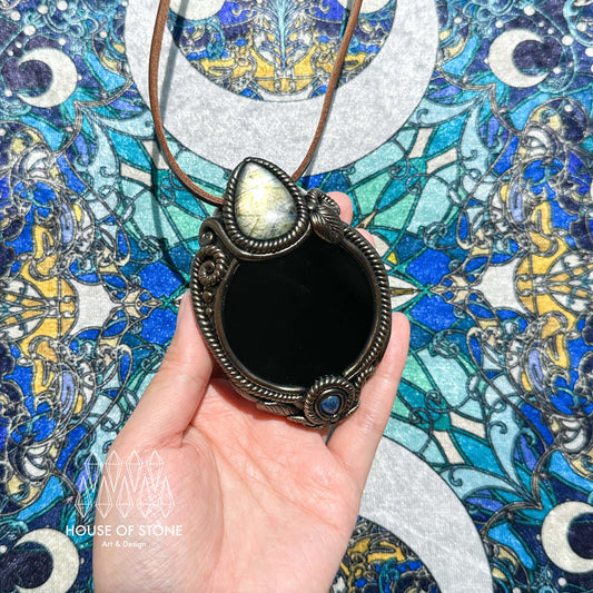 Handmade Natural Black Obsidian Pendant Necklace/Magic Obsidian Mirror Crystal Pendant/Scrying Mirror Talisman Protection Jewelry/Altar Tool