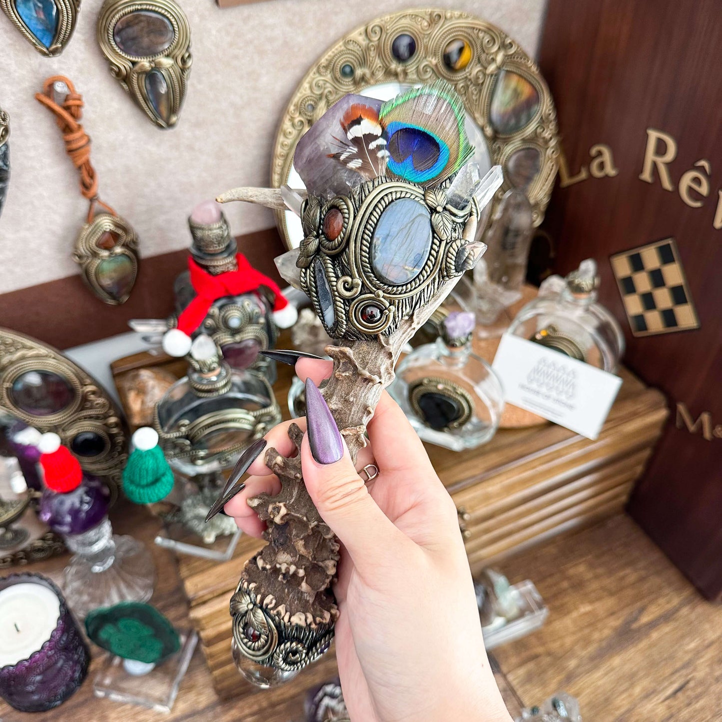 Handmade Natural Crystal Amethyst Antler Wand/Magic Smoky Quartz Witch Wand/Labradorite Amethyst Ammonite Antler Stem/Chakra/Altar Tool